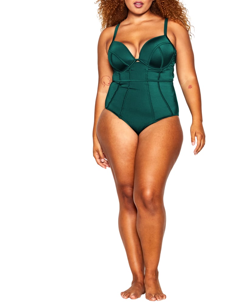Front of a model wearing a size XS Grenada One Piece Swimsuit in Emerald by City Chic. | dia_product_style_image_id:271665